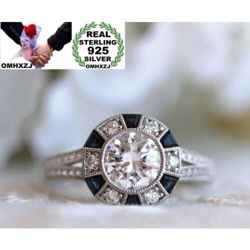 OMHXZJ Wholesale European Fashion Woman Girl Party Wedding Gift Silver White Blue Round AAA Zircon 925 Sterling Silver Ring RR92