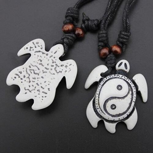 Retro Women Men Faux Bone Wax Cord Yin Yang Tai Chi Turtle Pendant Necklace Gift