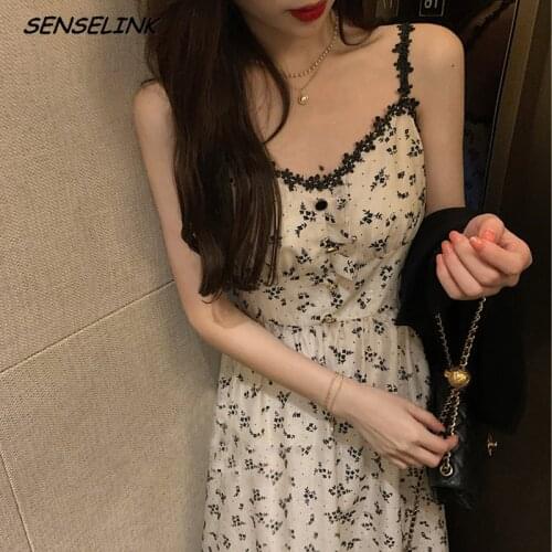 Floral Dress Ladies Elegant Korean Temperament Party Dress V-neck Strap Mid-length Dress Summer Ladies Dress