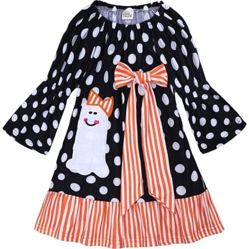 Polka Dot Halloween Dress for Girls 202 Fall/winter Striped Bow Flare Long Sleeve Ruffles Mini Dresses Children Kids Clothes