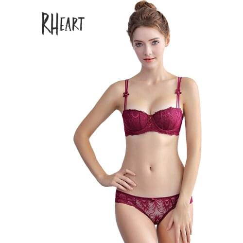 Roseheart Women Fashion Red Sexy Lingerie Padded Bra Half Cup Underwire Lace Trim Cotton Panties Push Up Bra Sets Plus Size