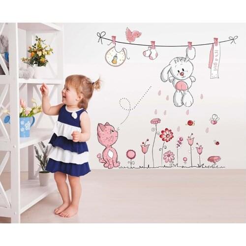 Pink Cartoon cat Rabbit Flower wall sticker For Baby Girls Kids Rooms Home Decor Teddy Bear Umbrella Classroom Wall Decals