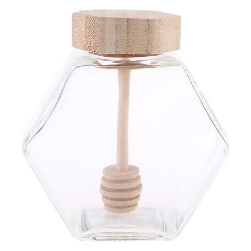 Hexagon Shape Honey Pot, Glass Honey Jar, With Wooden Dipper and Cork Lid Cover, For Home Kitchen, Clear