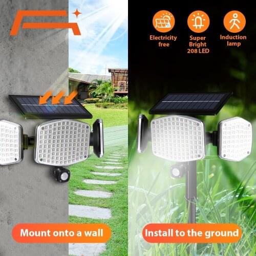 Solar Lights Outdoor, 208 LED 2Solar Flood Security Lights with Motion Sensor IP65 Waterproof 3 Heads Spot Wall Lights