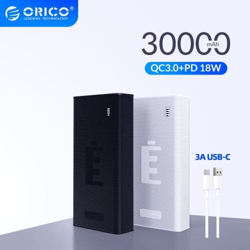 ORICO Power Bank With 3A Type C Cable PD3.0 18W QC3.0 Fast Charge 30000mAh Powerbank 20000mAh External Mobile Battery