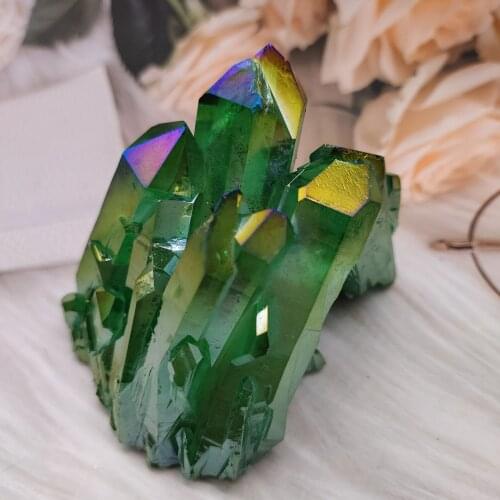 GREEN Electroplated Natural Crystal Cluster Specimen Raw Rock Quartz Flowers Aura Stones Gift Modern House Decor