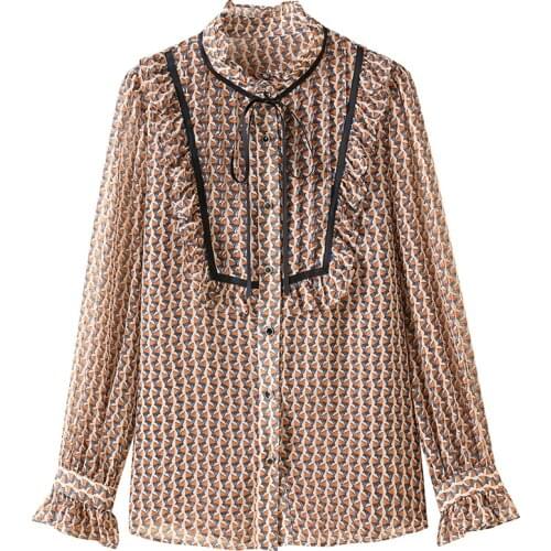 Chiffon shirt womens long-sleeved 2021 new spring dress fashion air floating belt wood ear stitched neck leopard print top