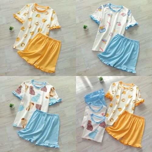 New Summer 100%pure Cotton Ladies Short-sleeved Shorts Two-piece Cartoon Knitted Pajamas Set Plus Size Loose Kawaii Home Service