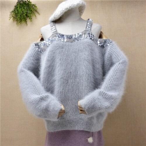 Female women fashion beading hairy plush mink cashmere knitted off shoulder long sleeves loose pullover angora fur sweater pull