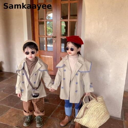 3-9y Girls Trench Spring Autumn Kids Long Jacket Baby Boys Windbreaker Childrens Solid Color Coats Double-Breasted Clothing y54