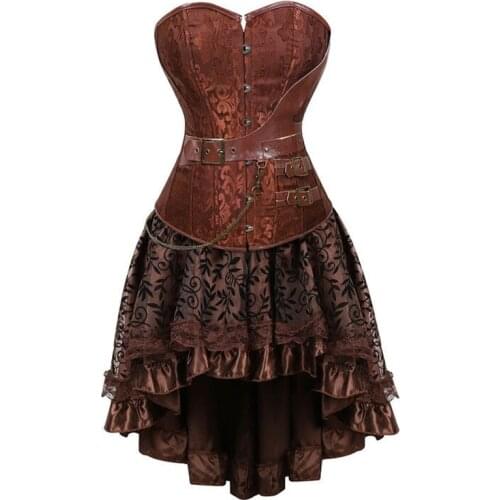 Womens Sexy Gothic Victorian Steampunk Corset Dress Leather Overbust Corsets and Bustiers Skirt Party Waist Trainer Plus Size