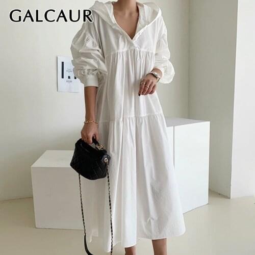GALCAUR Vintage Dress For Women Hooded Collar Lantern Long Sleeve Patchwork Loose Korean Dresses Female 2020 Fall New Clothing