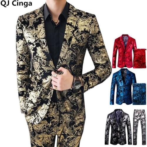 Gold Print 2 Piece Mens Wedding/Party/Show Blazer Coat and Pants Silver Red Blue Dress Suit Large size S-5XL