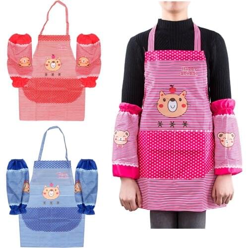 Bear Apron with 1 Pair Sleeve BBQ Tool Pocket Apron Dress Set Household Cleaning Tool Anti-oil Waist Bib