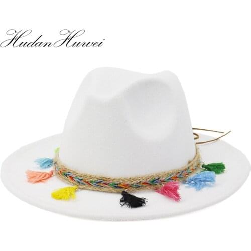 2020 New Fashion Women Men Woolen Felt Fedora Hat Gentleman Elegant Ladies Flat Wide Brim Church Hat Colorful Tassel Belt Caps
