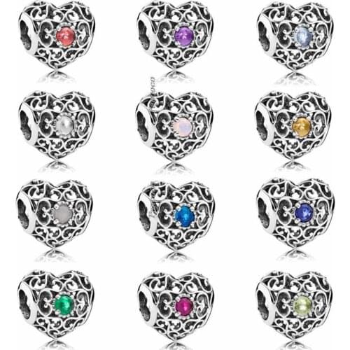 Authentic 925 Sterling Silver Openwork Month Signature Heart Birthstone Charm Beads Fit Pandora Bracelet & Necklace Jewelry