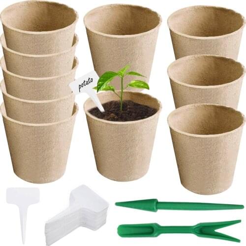 Behogar Peat Pots Kit 10PCS Biodegradable Germination Seedling Trays with 10 Labels Garden Tools for Garden Greenhouse