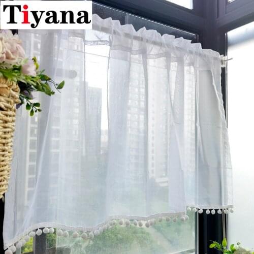 White Tulle Curtain Solid Color Window Panel Short Kitchen Curtain Cabinet Half-curtain Tassel Voile Drape Wardrobe Decor