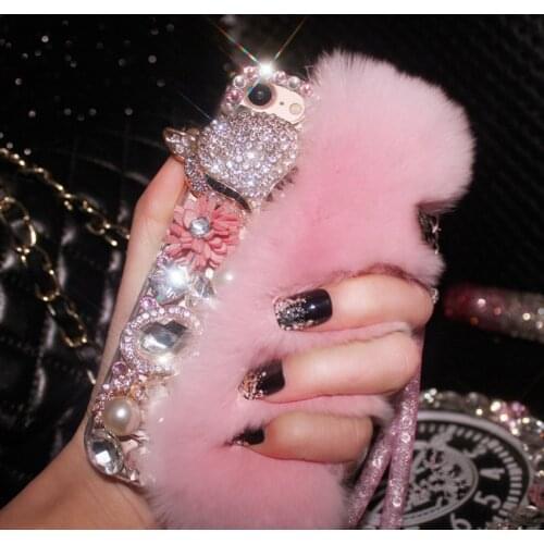 LaMaDiaa Luxury Rabbit Fur Diamond Fox Head Flower Pearl Phone Case For iPhone 11 12 Pro Max XR XS 7 8 Plus 6 Plus Back Case