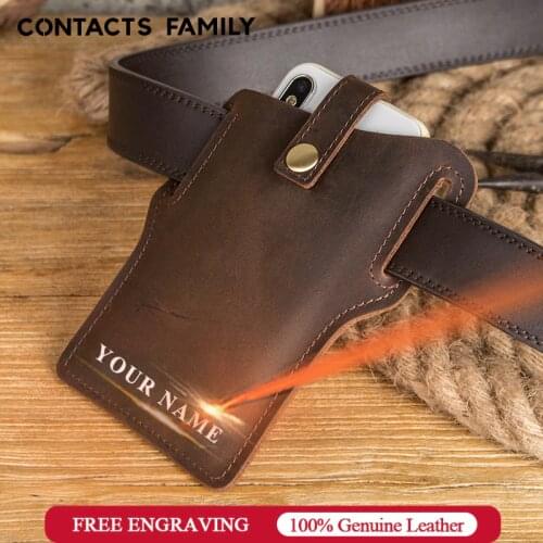 CONTACTS FAMILY Phone Blet Case Men Cellphone Loop Holster Waist Bag Genuine Leather For iPhone 12 Pro case Travel Portable Bag