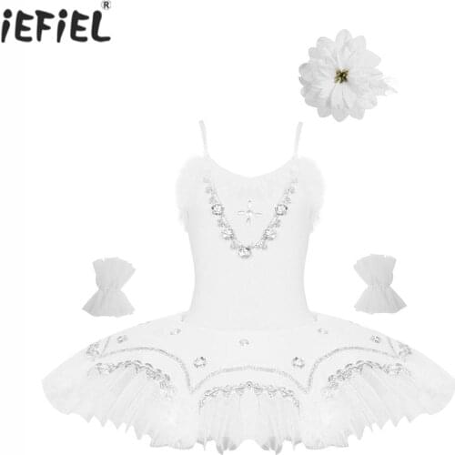 Kids Girls Ballet Dance Outfits Sequins Ballet Leotard Tutu Dress With Arm Sleeves And Flower Hair Clip 3pcs Children Dancewear