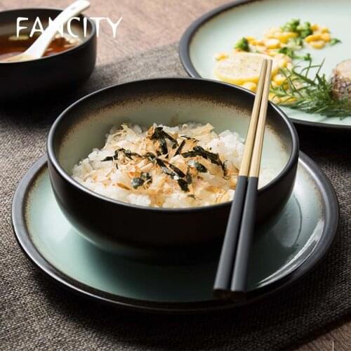 FANCITY Japanese style fresh mint green porcelain tableware for one person creative household disc millet rice bowl soup noodle