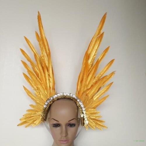 Feather headdress Bright diamond Gold feather model catwalk headwear dance stage performance
