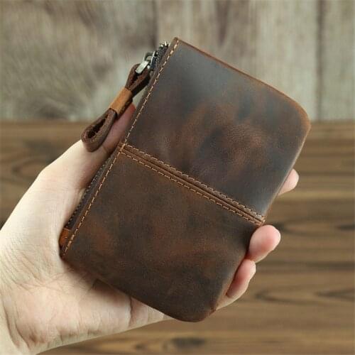 Genuine Leather Mens Wallet Women Zipper Small Coin Purse Retro Crazy Horse Leather Short Wallet for Women Men With Card Holder
