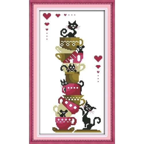 Black cats on the cups cross stitch kit cartoon animal 14ct 11ct count print canvas stitches embroidery DIY handmade needlework