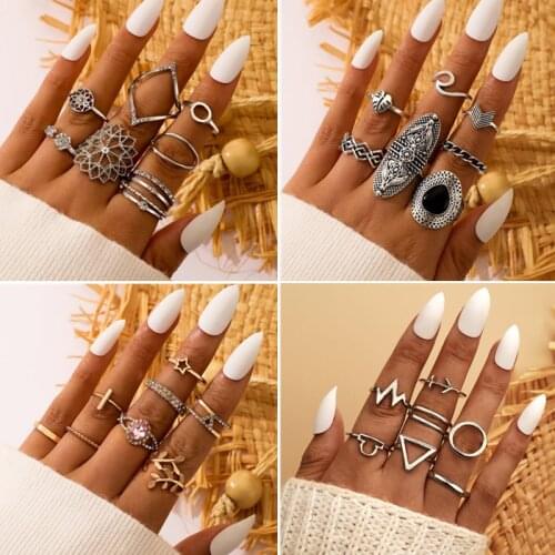 Boho Antique Gold Silver Color Rings Set for Women Sun Moon Elephant Heart Rings Jewelry Bijoux
