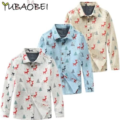 Kids New Christmas Series Pattern Printing Children Shirts Cotton Length-Sleeved Boys Shirts for 3-12 Year Wear Thick Warm