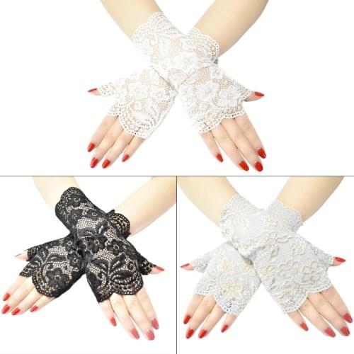 Women Wedding Party Sexy Sheer Mesh Fingerless Gloves Embroidery Jacquard Floral Lace Shiny Sunscreen Driving Mittens