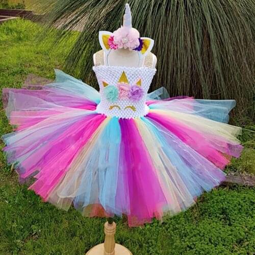 Rainbow Unicorn Princess Girls Tutu Dress Newborn Baby 1st Birthday Party Dress Outfit 1-14y Kids Halloween Unicorn Costume Set