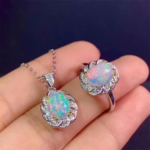 Natural multicolor opal gem jewelry sets natural gemstone ring Pendant Earrings S925 silver Elegant fine jewelry