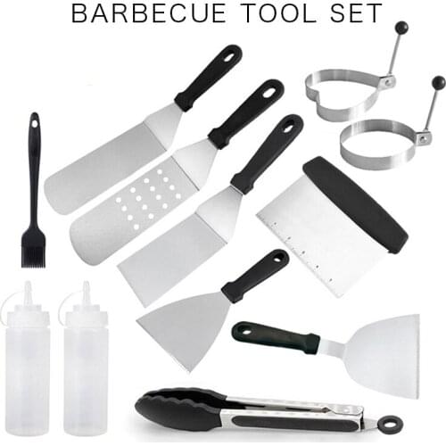 12pcs Stainless Steel Spatula BBQ Tools Barbecue Set Kitchen Cooking Spatulas Outdoor DIY Grill Griddle Scraper BBQ Accessories