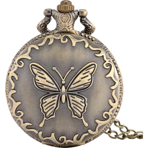 Vintage Butterfly Beautiful Pattern Women Unique Pocket Watch Quartz Arabic Numerals Dial Pendant Slim Chain Best Gift For Wife