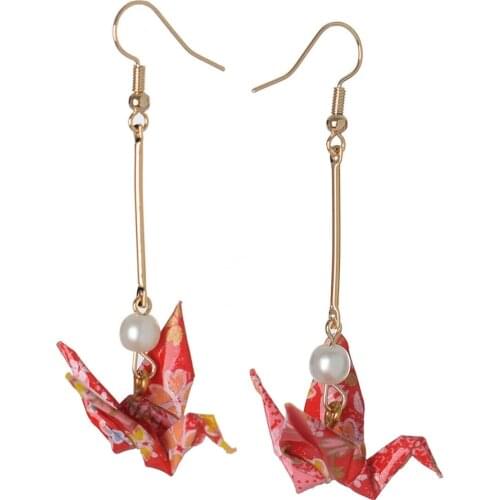 Lolita Girls Vintage Hand Fan Crane Shape Earrings Japanese Style Drop Dangle Earrings