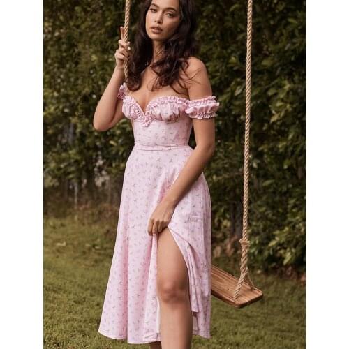 2021 New Womens Summer Hot Style Sexy Split Floral Wood Ears Strapless Tube Top Long Skirt Temperament Elegant Dress