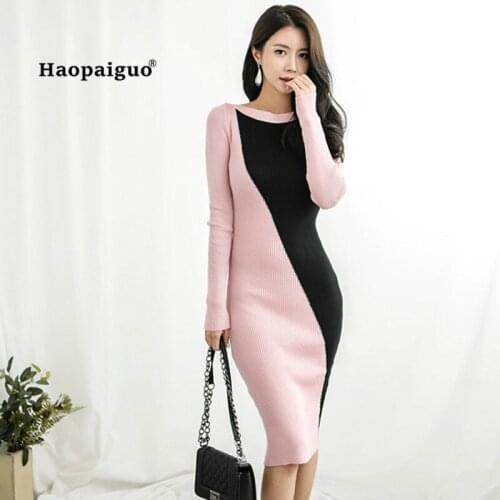 Women Patchwork Pencil Dress 2018 Autumn Pink Full Sleeve O-neck Knee-length Modis Casual Knitting Dress Korean Office Dresses