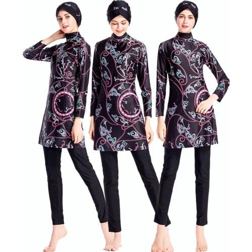 2021 Muslim Womens Swimsuit High Elasticity Swimsuit Beach Suit for Womens Islamic Swim Costume Modest Swimwear Printed Bikini
