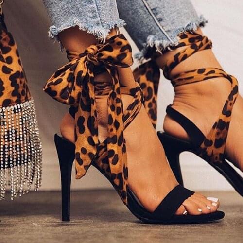 2021 Summer Sexy High Heels Ladies Platform Pumps Stiletto Open Toe Suede Leopard Ribbon Plus Size High Heels Women#g30