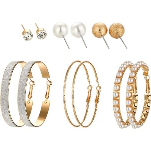 HOCOLE 6 Pairs lot Round Alloy Ball Pearls Rhinestone Flowers Stud Earrings Set Hot Selling Small Pierced Earrings Set For Women