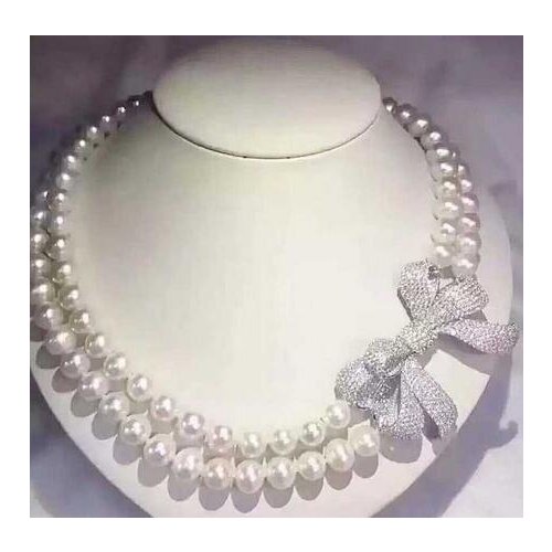 Free shipping Long bow sweater chain 2row 8-9mm pearl necklace bow tassel CZ Pendant 925 silver