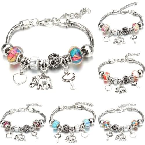 Dropshipping Heart Elephant Key Lock Bracelet Colorful Charm Bracelet for Women DIY Beads Bracelets & Bangles Jewelry Gift