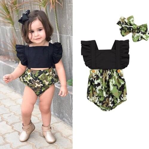 FOCUSNORM 2pcs Summer Baby Girls Romper Headband Ruffles Short Sleeve Camouflage Printed Backless Jumpsuits 0-18M