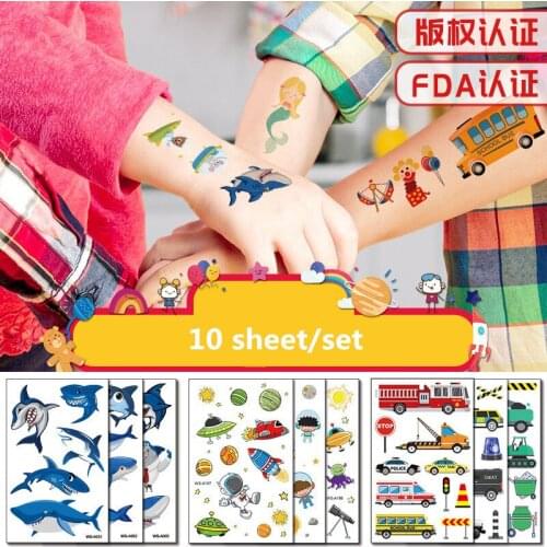 10pcs/set Fake Tattoo Kids Mermaid Shark Dinosaur Temporary Tatoo Sticker Children Girl Boy Hands Leg Arm Tatuajes Temporales