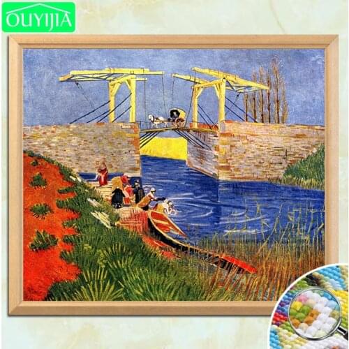 Van Gogh Famous Painting "Arles suspension bridge with women washing" 5D DIY Diamond Painting Full Square Diamond Embroidery Pic