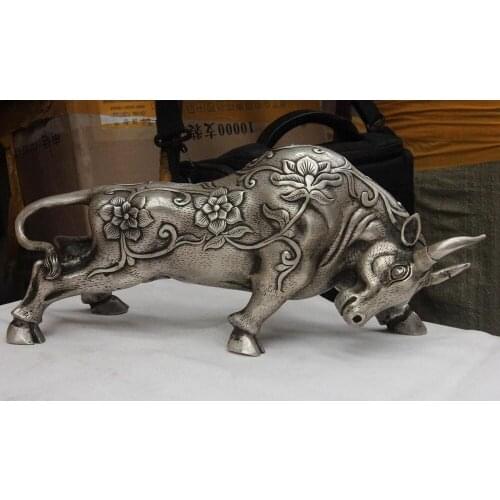 Chinese White Copper Silver Lotus Zodiac Year Ox Oxen Cattle Bull Bovine Statue