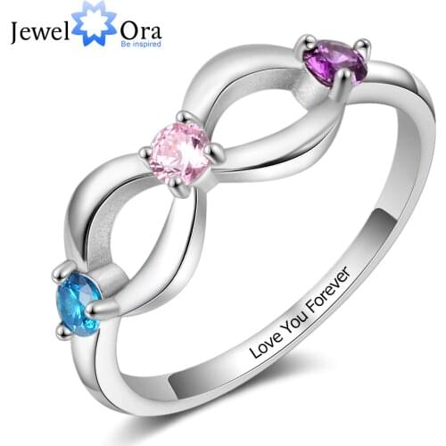 JewelOra 925 Sterling Silver Personalized Infinity Ring with 3 Birthstones Customized Inner Engraving Silver Rings for Women