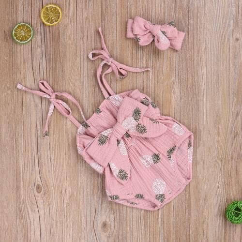 2Pcs Baby Summer Bodysuits Cute Lovely Pineapple/Polka Dot Printed Spaghetti Straps Playsuit+Headband Clothes for Toddlers Girls